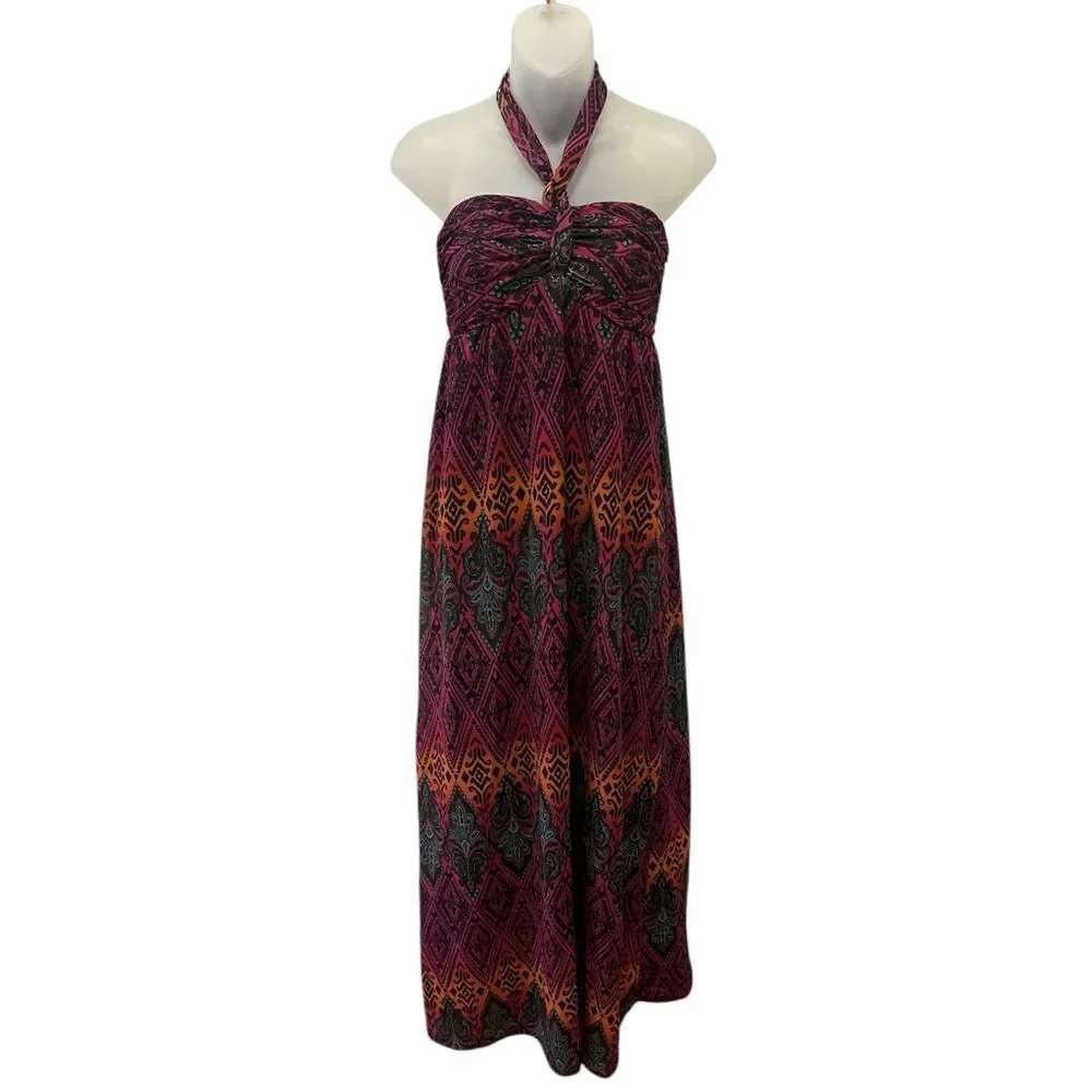 Xhiliration Maxi Tie Halter Dress Boho Print Dress Long Medium M NWOT - Picture 3 of 9
